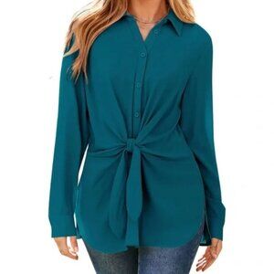 Grace Karin Teal Button-Up Blouse W/ Tie Front & Collared Neckline 2XL